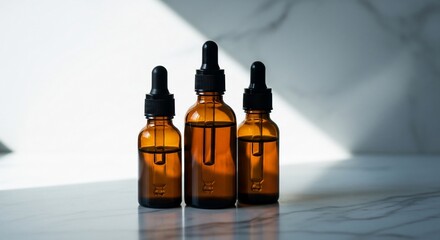 Three Amber Glass Dropper Bottles with Dark Caps on Marble Surface