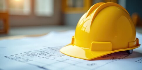 Bright yellow hard hat on construction site blueprint , hard hat, yellow helmet