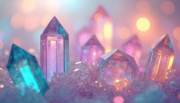 Close-up of colorful crystals with iridescent sparkle and bokeh effect. Shiny, glistering gems with faceted surfaces creating abstract texture and light.