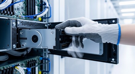 Technician's gloved hand installing hard drive in server rack