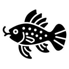 Sleek black and white fish with prominent fins and polka dots swimming gracefully