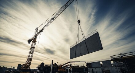 Tower crane lifts concrete panel at construction site against dramatic sky