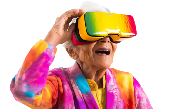 Senior Experiencing Virtual Reality: Capturing the moment of an older adult, exploring an immersive virtual reality experience with excited expression, embracing cutting-edge technology.