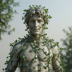 A stunning marble statue of a young man entwined with lush green vines, exuding a sense of harmony with nature.
