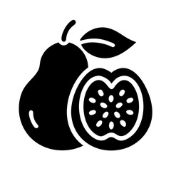 Monochrome illustration of a whole guava and a halved guava with leaf