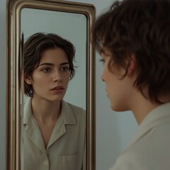 A young woman gazes thoughtfully into a vintage mirror, reflecting her contemplative mood and intimate surroundings.