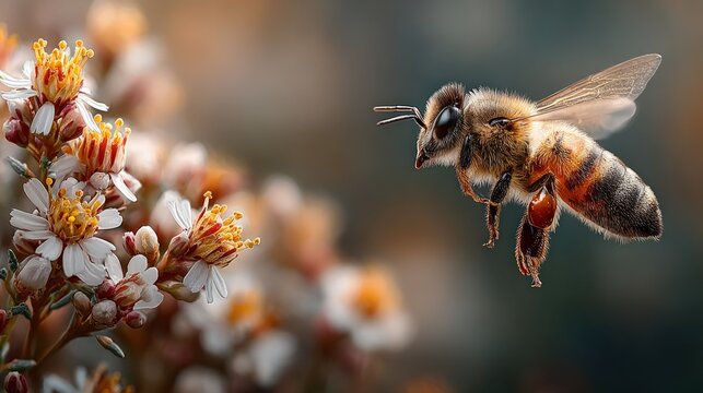 Honeybee mid-flight, hovering near small white and yellow flowers