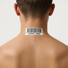 A young male model with a barcode tattoo on his neck, showcasing modern body art and societal themes of identity.