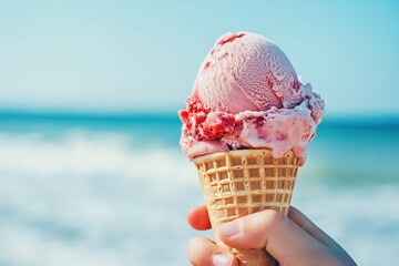 Close-up of a hand holding an ice cream cone with pink strawberry gelato on the beach, background of the sea and sky, summer vacation concept.