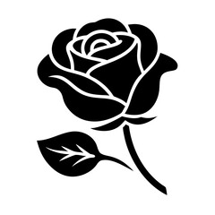 Bold black and white rose illustration with leaf and curving stem