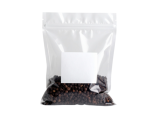 Black peppercorns in a labeled clear bag for culinary use, this image is perfect for food blogs, cooking magazines, spice companies.