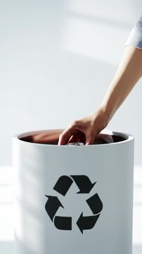 Pristine human hand gently holds then decisively lowers a sleek aluminum beverage can into a minimalist cylindrical recycling bin with an eco-symbol in a bright white studio, soft light, subtle