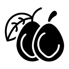 Two black plums with a leaf in a simple illustration style