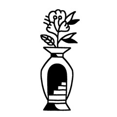 A single flower in a decorative vase with abstract interior steps. Simple line art