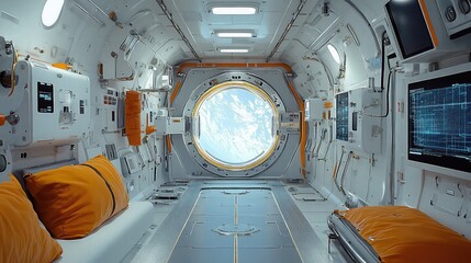 Laboratory simulation of microgravity experiment module floating in space habitat, with suspended tools, cameras, and AI-assisted interfaces