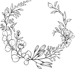 Black and white floral wreath with detailed blossoms, leaves, and branches in a semi circular layout ideal for nature themed content, minimalist design, or seasonal storytelling.