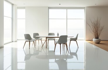 Bright, airy modern dining room with minimalist furniture. Features glossy white tiled floor reflecting natural light from large windows. Includes oval table with six chairs, perfect for contemporary