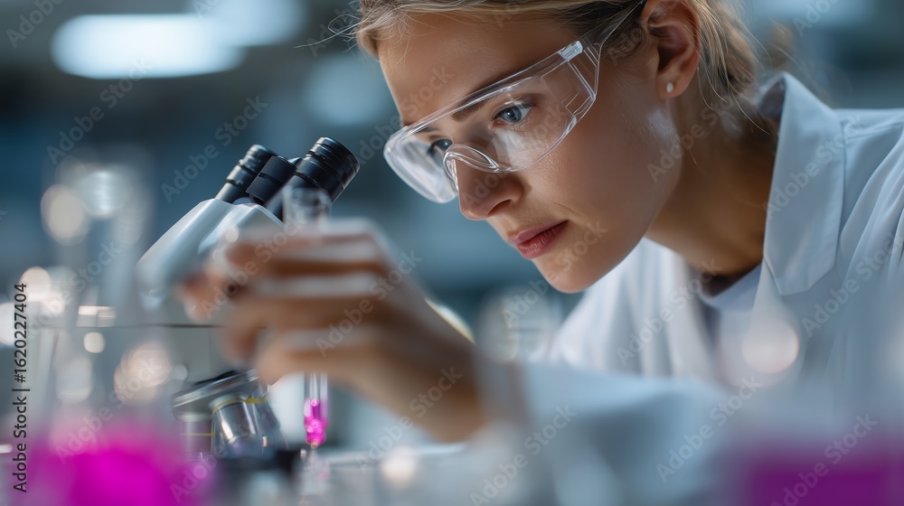 Poster scientist conducts research in laboratory using microscope, focusing on test tubes with colorful liq