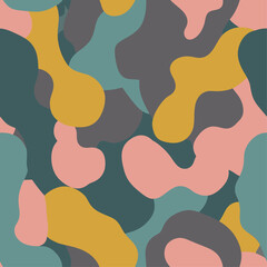 This stylish seamless pattern features an abstract arrangement of organic, flowing shapes in a muted, earthy color palette of gray, teal, mustard yellow, and dusty pink.