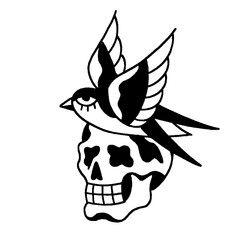Swallow bird perched on a human skull, traditional tattoo style