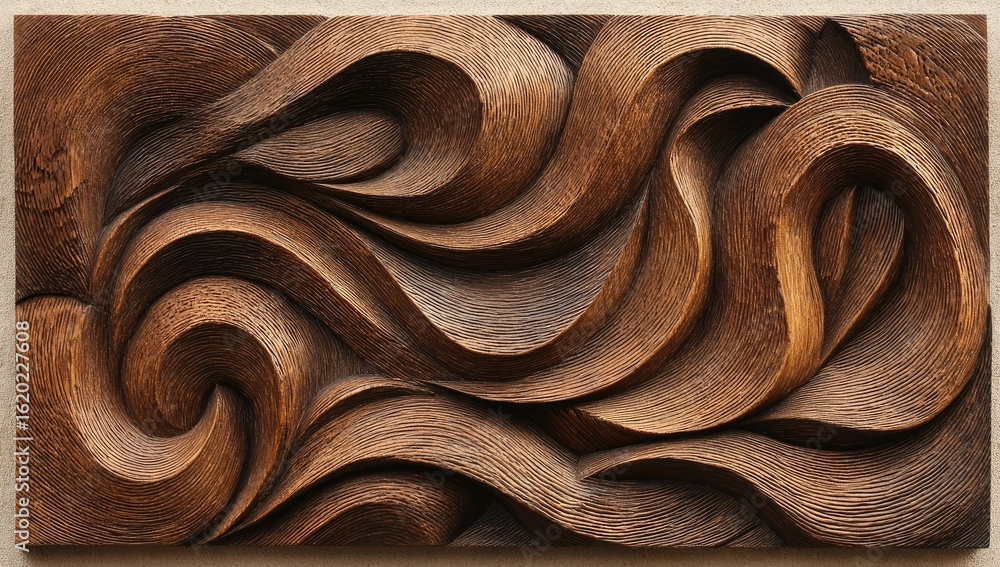 Aufkleber richly textured dark wood relief carving features swirling, flowing, abstract forms creating a dynam