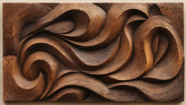 Richly textured dark wood relief carving features swirling, flowing, abstract forms creating a dynamic, three-dimensional wave-like pattern