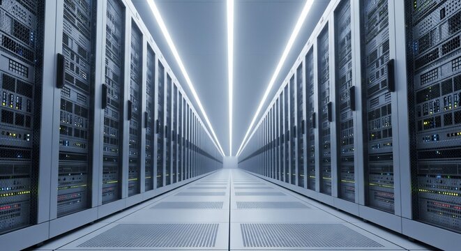 Vast Server Room with Rows of Racks and Bright Overhead Lighting