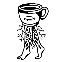 Happy walking coffee cup with roots and a flower illustration