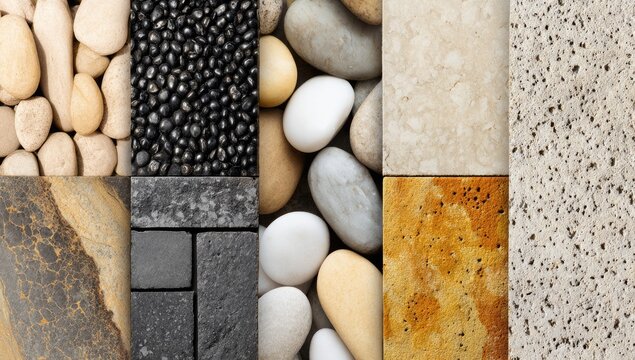 A collage of various stone and pebble textures, showcasing diverse colors and shapes, from smooth, polished surfaces to rough, porous ones - Powered by Adobe