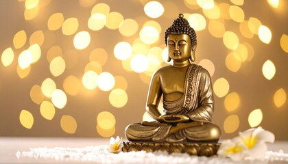 Golden Buddha statue in meditative pose, adorned with flowers, set against a bokeh background
