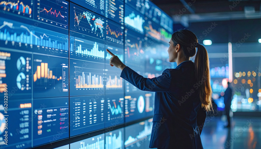Aufkleber data analyst's insight: a focused data analyst stands before a high-tech display, her finger pointin