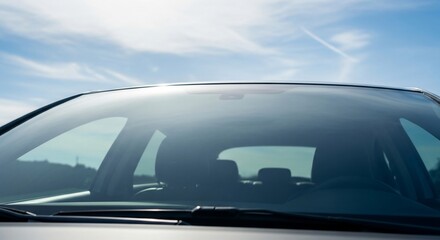 View through car windshield of a bright blue sky with wispy clouds and distant landscape
