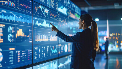 Data Analyst's Insight: A focused data analyst stands before a high-tech display, her finger pointing at a dynamic visualization of data and intricate charts, embodying dedication.