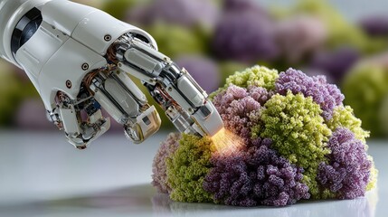 Robotic hand interacting with vibrant, bioluminescent plant-like structure