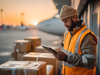 air freight logistics worker scanning packages on tarmac