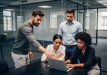 Diverse Team Collaborating on a Business Project with Laptop in Modern Office Setting