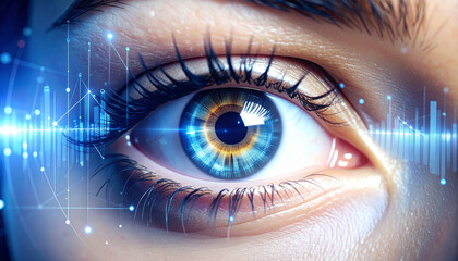 Digital Eye and Futuristic Concept: A captivating close-up unveils a mesmerizing eye, intricately overlaid with a complex matrix of data streams and digital enhancements.