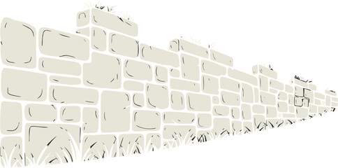 Stone Wall Illustration with Grass on Transparent Background
