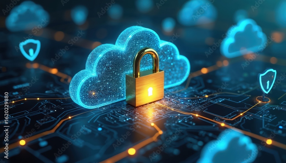 Poster secure cloud computing concept with glowing digital data, network security, privacy protection. gold