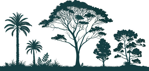 Silhouette of Tropical Trees and Plants on Transparent Background