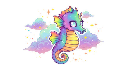 Obraz premium Rainbow Pixel Seahorse in Pastel Clouds