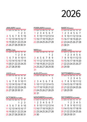 2026 calendar design with months in English and Portuguese, clear and professional structure in vertical orientation, perfect for institutional, educational, or business content