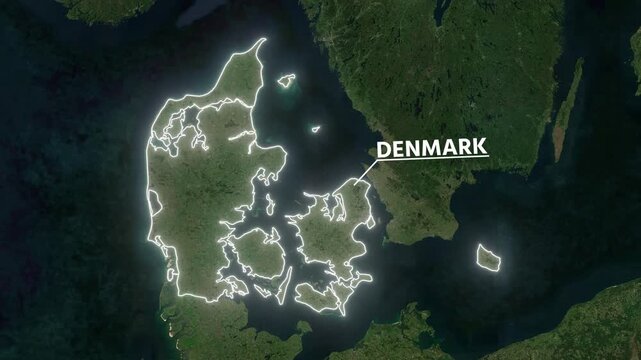 Zoom from Earth to Denmark. Glow outline map animation satellite view with highlighted country borders. Cinematic documentary 3d world map animation highlights aerial views, tourism, and travel. 4k