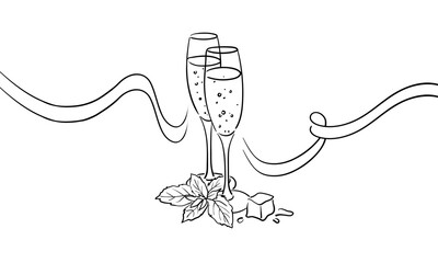 Glass of champagne with ice and mint, continious line drawing. Alcoholic drink with ribbon outline. Vector illustration