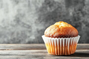 cup cake on a wooden table against a grey background, close-up view with copy space for text and space to place product, Food concept