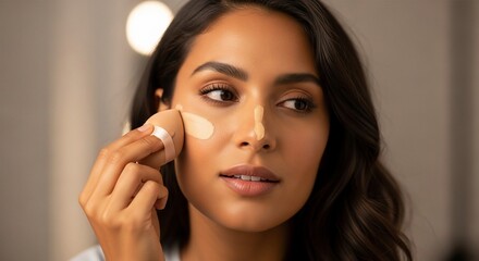 Woman applying foundation with a makeup sponge on her face