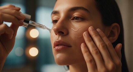 Woman applying facial serum with a dropper, close-up on skin and beauty treatment