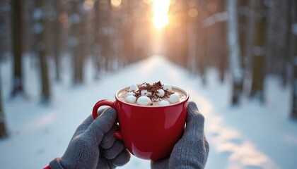 Hands in gray gloves hold red mug hot cocoa marshmallows snowy forest. Warm beverage steam rising. Winter landscape soft light, creamy topping, chocolate shavings. Peaceful, cozy, festive mood.