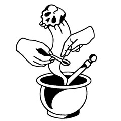 Alchemist hands mixing a potion with a skull and mortar