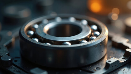 Precision ball bearing with visible steel rolling elements on dark background. Close-up view highlights intricate engineering, shiny metal construction. Accurate machine part, rotation mechanism,